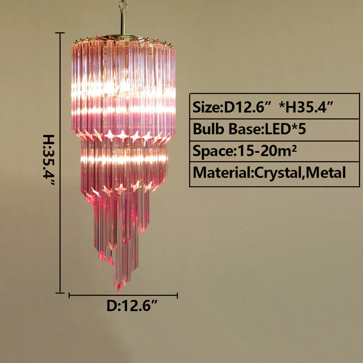 Mid-Century Modern Pink/Transparent Glass Cascading Spiral Chandelier
