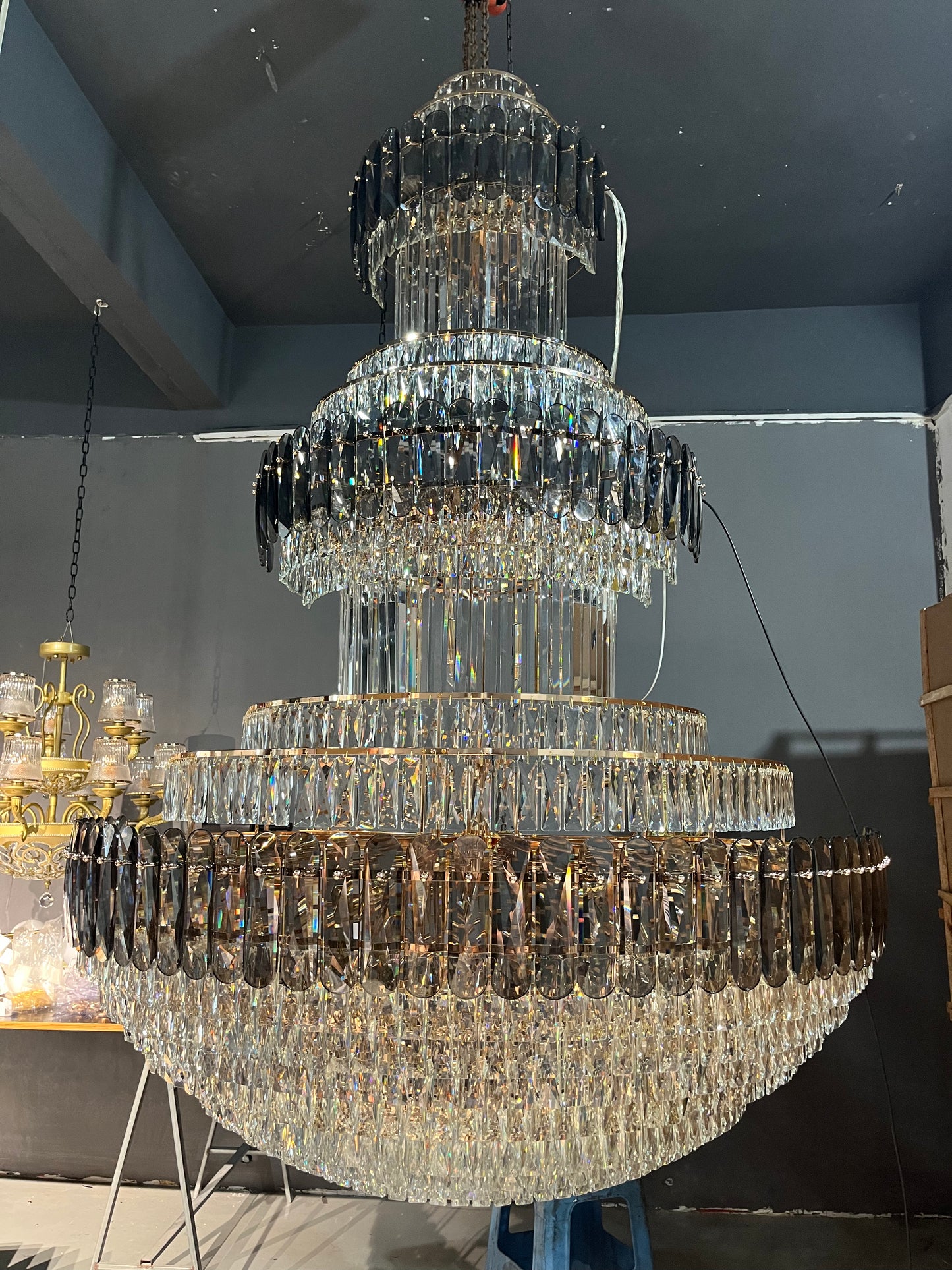 Golden Era Grand Cascade Fountain Smoky Gray&Clear Crystal Chandelier for High-ceiling