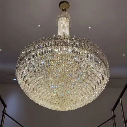 Luxury Oversized Gold European Crystal Chandelier 3-tiered Medium-length for Foyer/Staircase/Hallway/Entryway