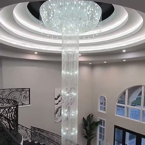 Extra Large Flush Mount Silver Waterfall Luxury Ceiling Crystal Chandelier for High-ceiling Living Room/Duplex Hall