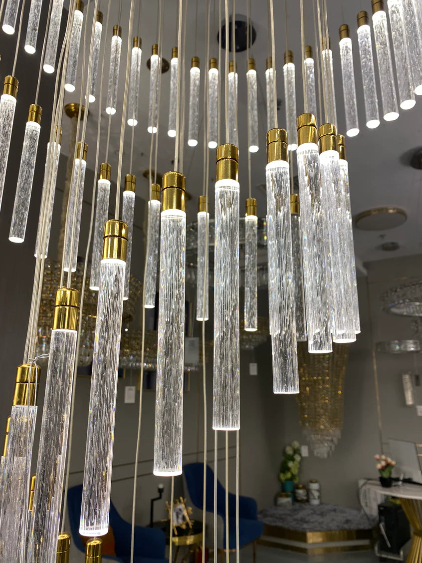 Lustre moderne en cristal à bulles en spirale, finition champagne doré, pour escalier, hall d'entrée ou villa