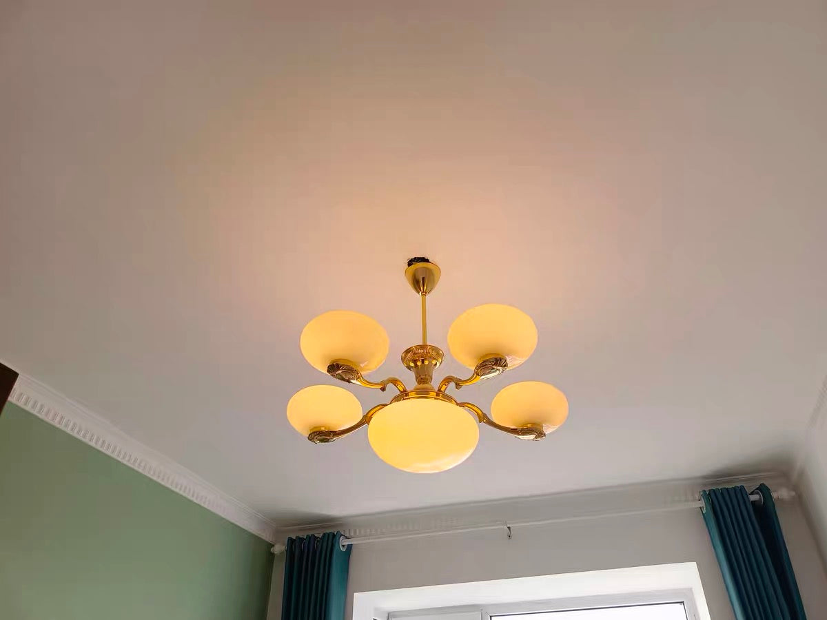Chic Mid-century Art Deco Style Brass Chandelier With White Opal
