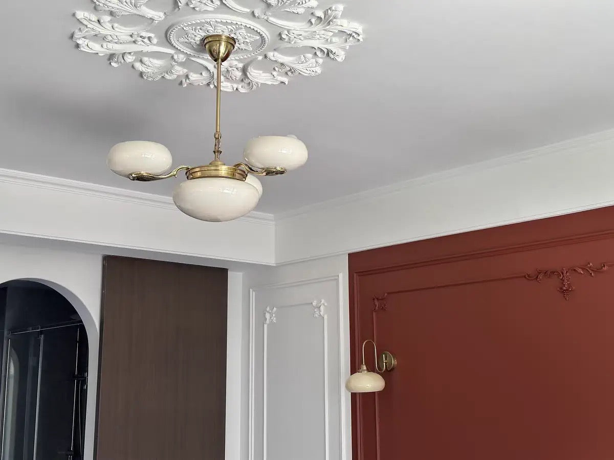 Chic Mid-century Art Deco Style Brass Chandelier With White Opal