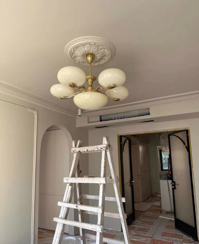 Chic Mid-century Art Deco Style Brass Chandelier With White Opal