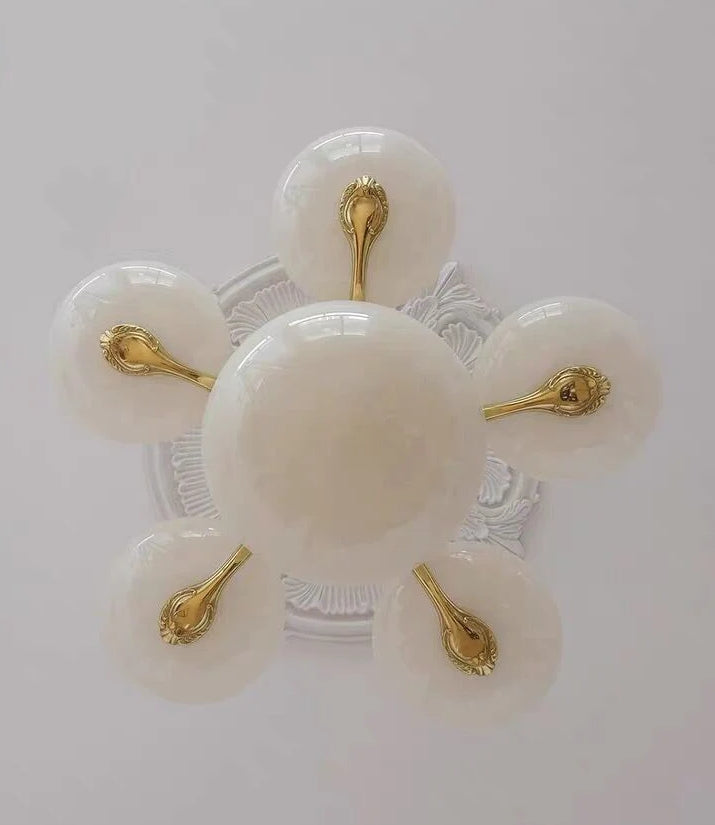 Chic Mid-century Art Deco Style Brass Chandelier With White Opal