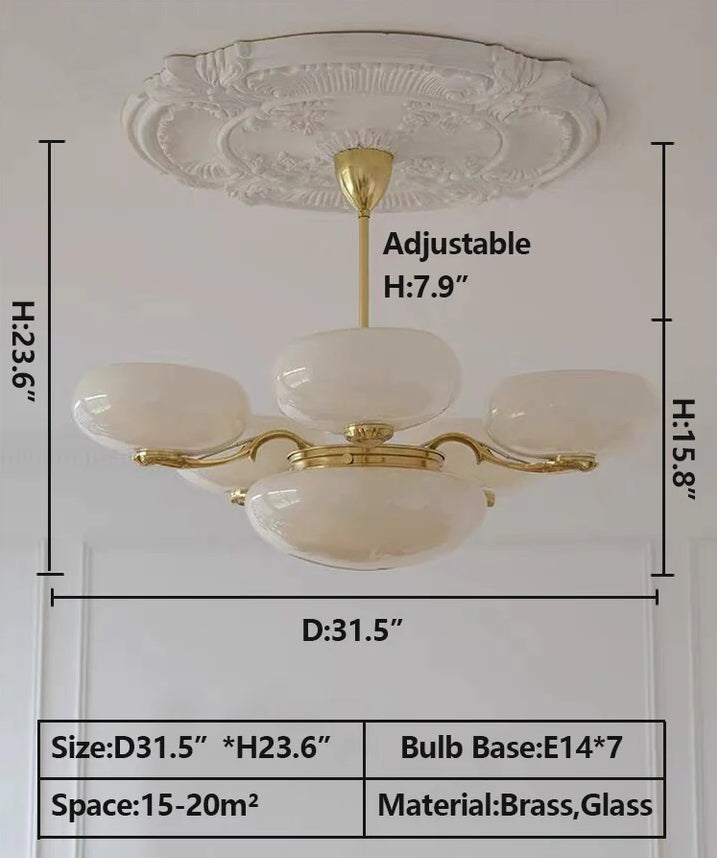 Chic Mid-century Art Deco Style Brass Chandelier With White Opal