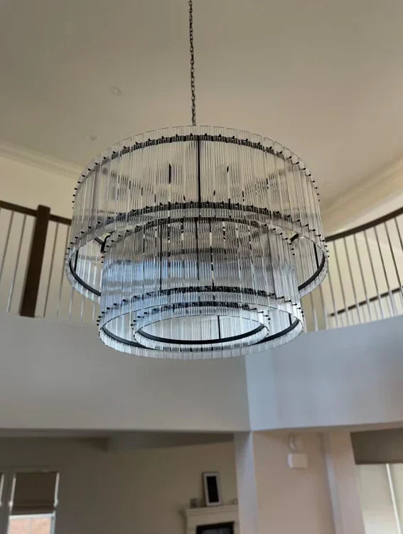 Modern 2-Tier Round Handmade Fluted Glass Panels Chandelier