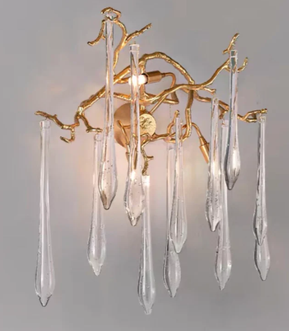 Lustre de salon de style français avec branches en cristal et gouttes, design moderne, finition cuivre doré, luminaire de plafond pour salle à manger