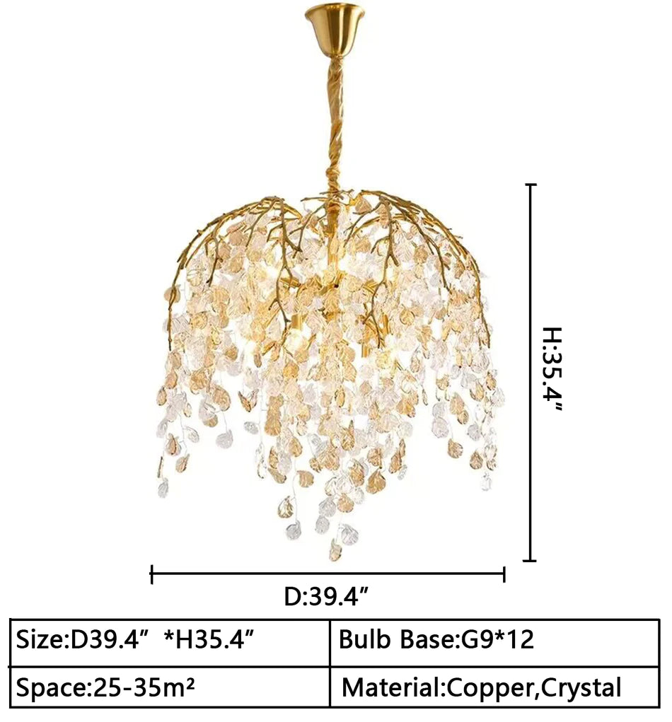 Modern Luxury Leaf Branch Crystal Chandelier Art Copper for Living/Dining Room/Bedroom