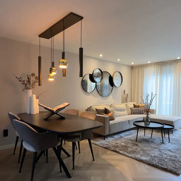 Lustre suspendu moderne et minimaliste à 6 ou 7 ampoules et colonnes pour salle à manger
