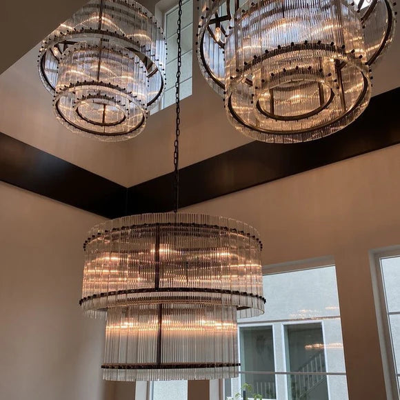 Modern 2-Tier Round Handmade Fluted Glass Panels Chandelier