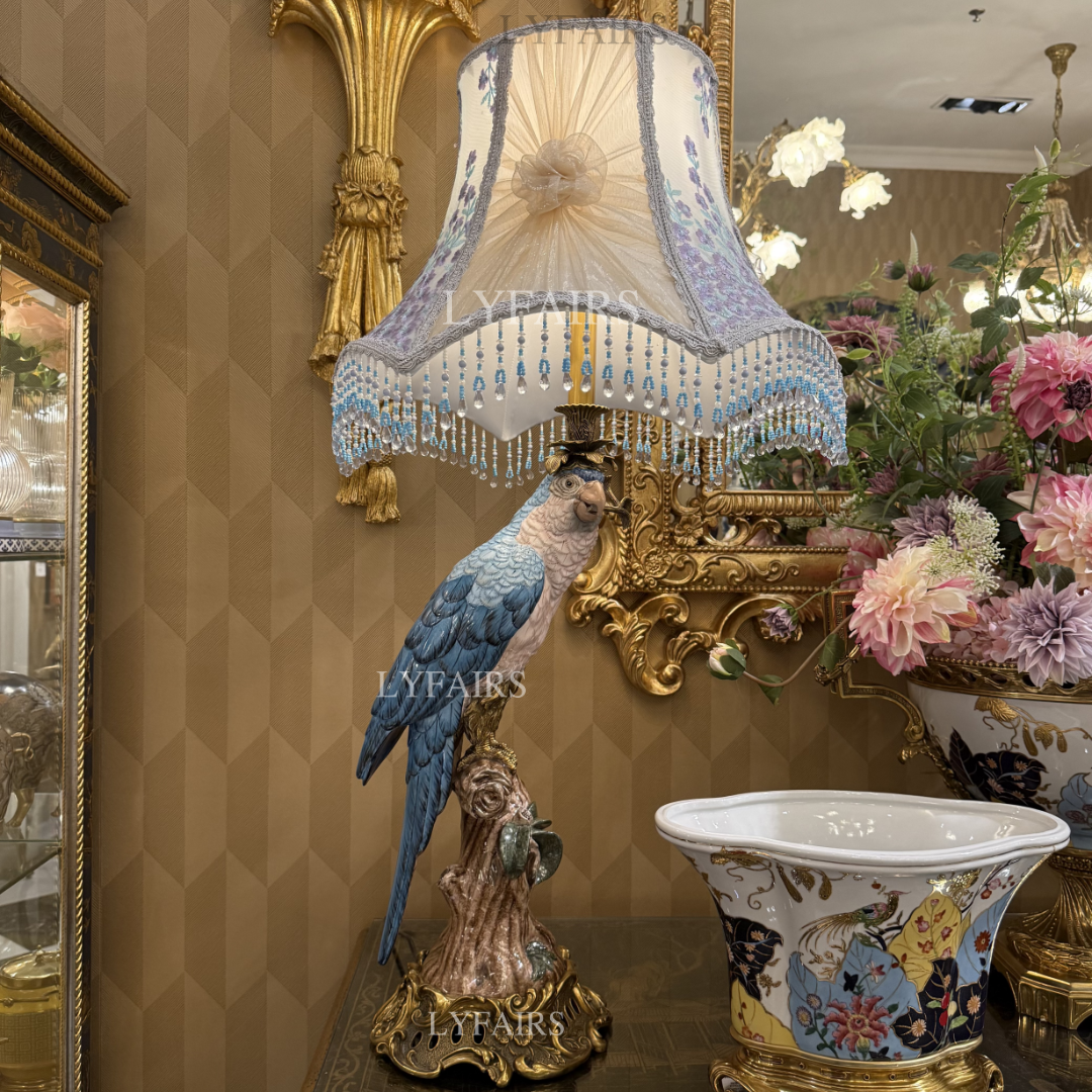 LYFAIRS x FH&Home Romantic Carved Parrot Table Lamp with Classic Fringe Lampshade