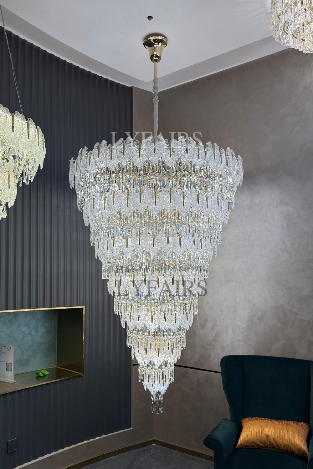 Luxurious Cascading Handcrafted Glass Leaf Multi-Tier Crystal Waterfall Chandelier