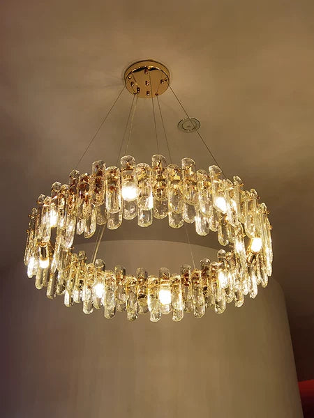 Lampadario di cristallo rotondo e lungo trasparente per soggiorno, lampada da soffitto per sala da pranzo/camera da letto, luce per corridoio