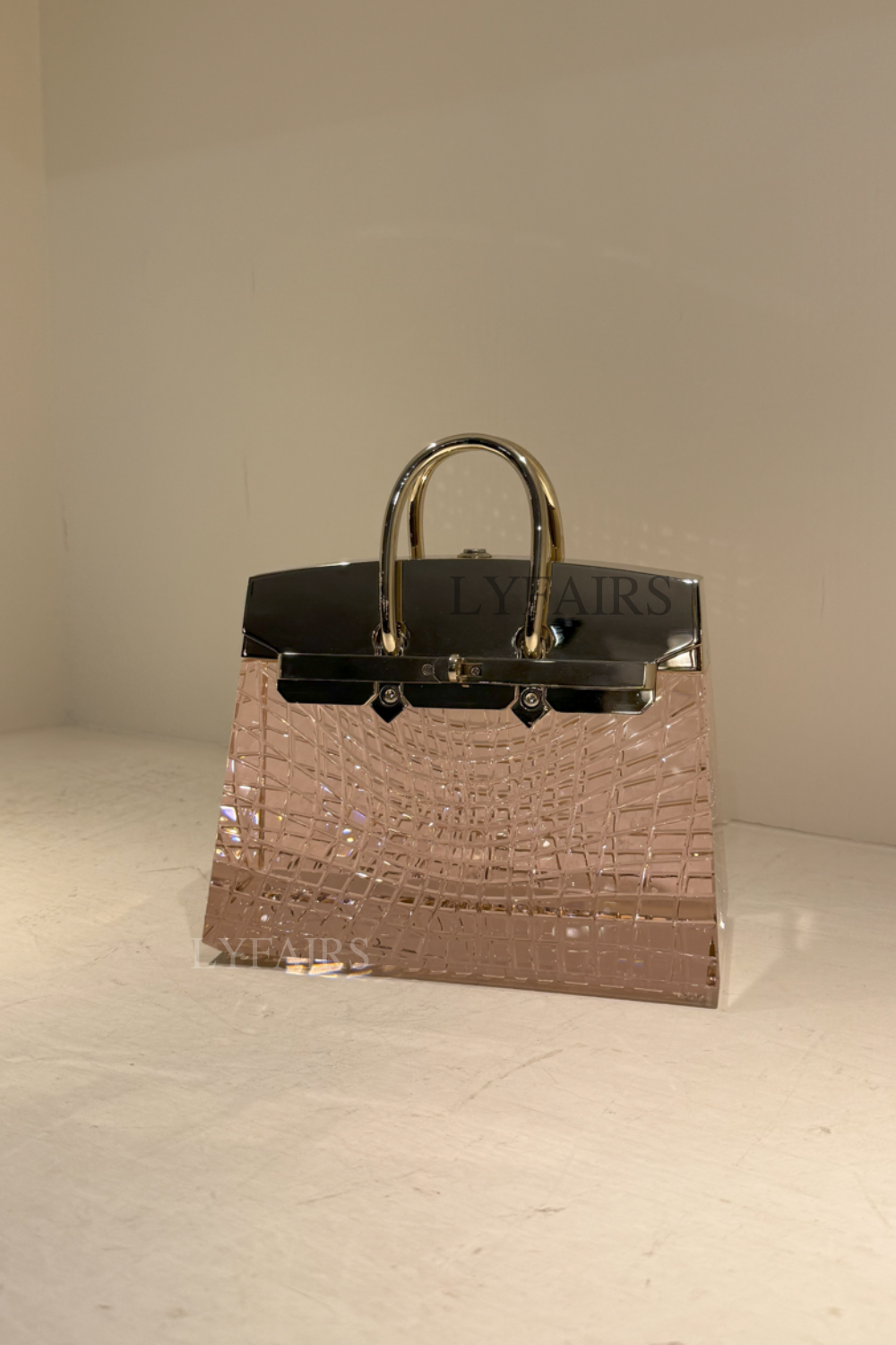 LYFAIRS x FH&Home Delicate Pink Glass Handbag Table Lamp with Brass Accents
