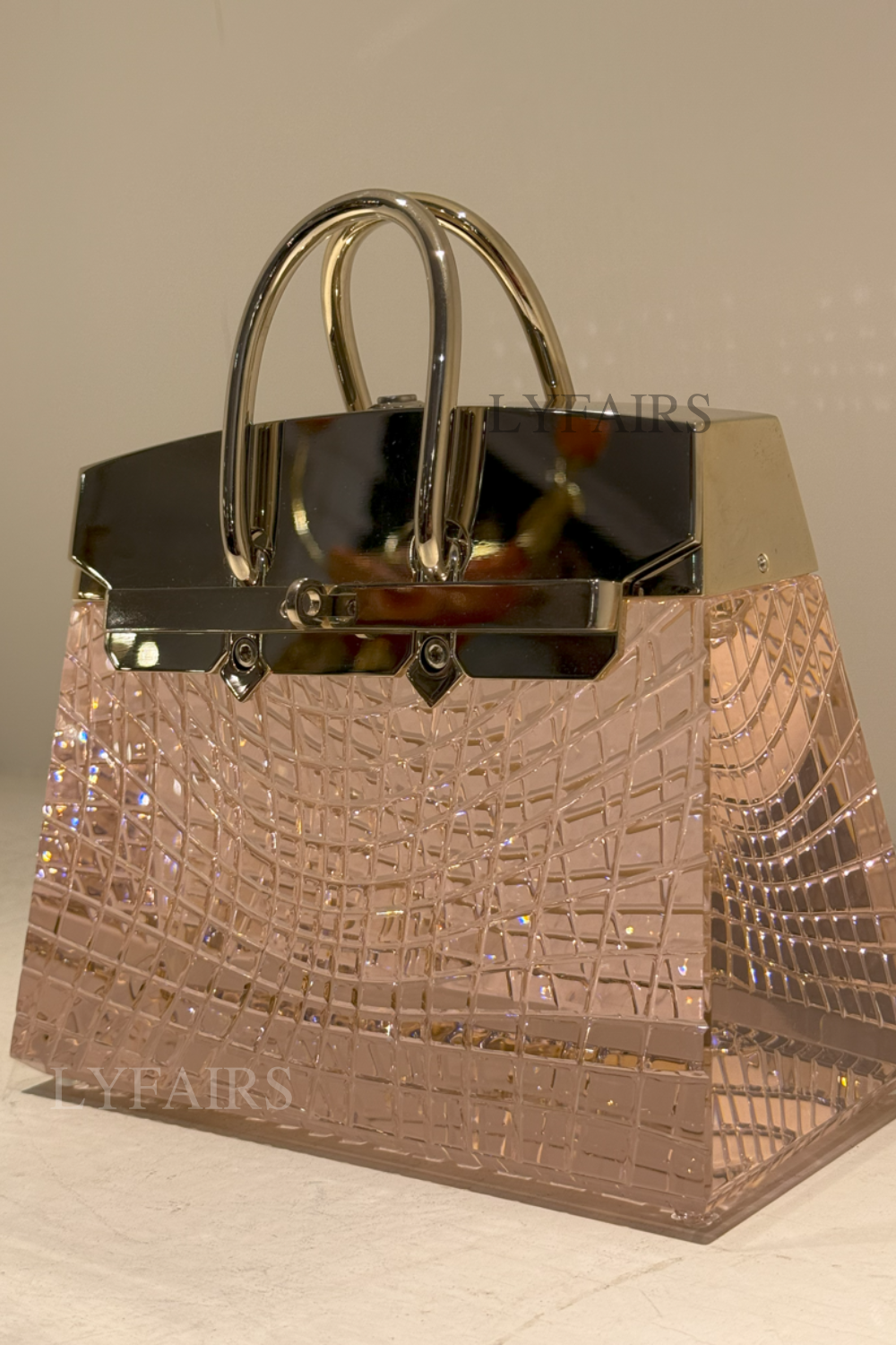 LYFAIRS x FH&Home Delicate Pink Glass Handbag Table Lamp with Brass Accents
