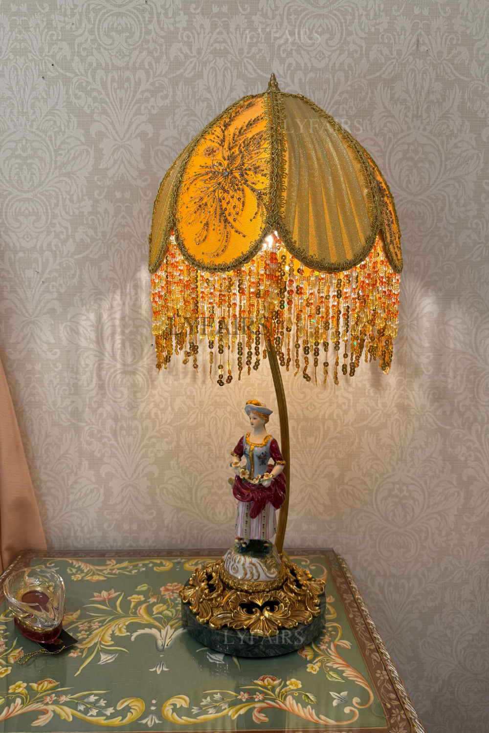 LYFAIRS x FH&Home Baroque Brass Art Table Lamp With Ceramic Figurine Base