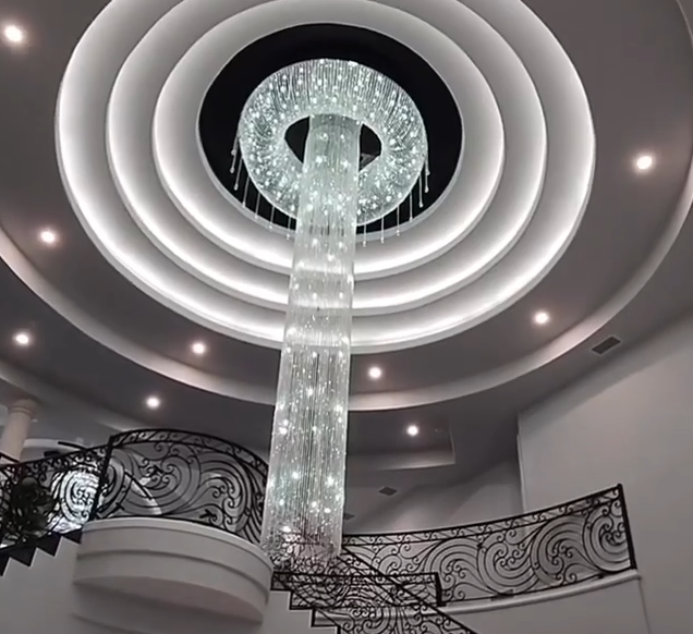 Extra Large Flush Mount Silver Waterfall Luxury Ceiling Crystal Chandelier for High-ceiling Living Room/Duplex Hall