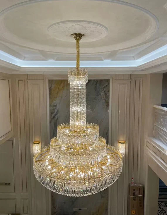 Luxury Oversized Gold European Crystal Chandelier 3-tiered Medium-length for Foyer/Staircase/Hallway/Entryway
