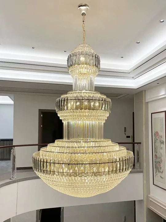 Golden Era Grand Cascade Fountain Smoky Gray&Clear Crystal Chandelier for High-ceiling