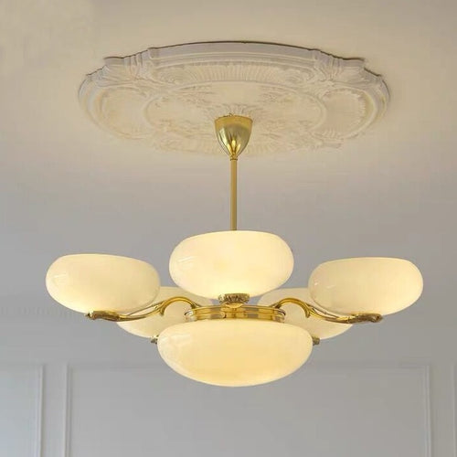 Chic Mid-century Art Deco Style Brass Chandelier With White Opal