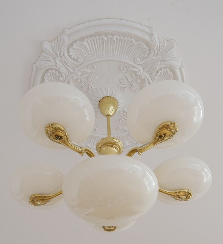 Chic Mid-century Art Deco Style Brass Chandelier With White Opal