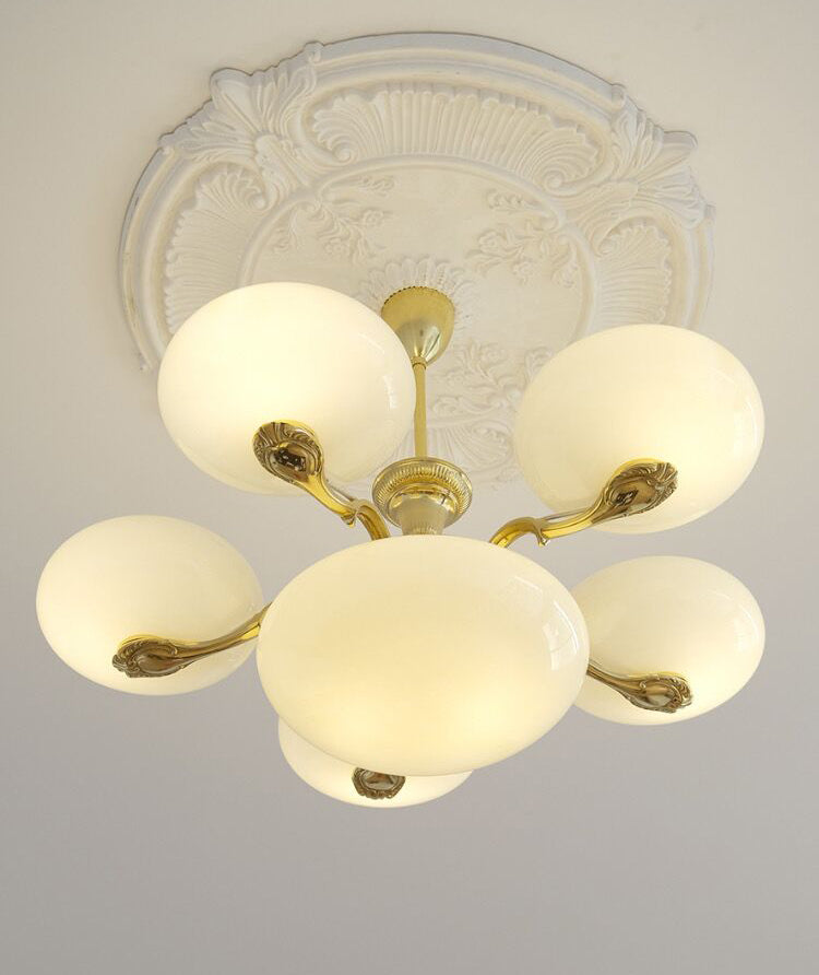 Chic Mid-century Art Deco Style Brass Chandelier With White Opal