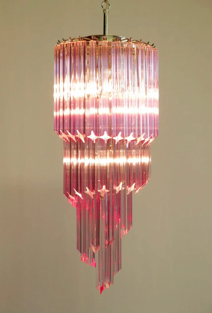 Mid-Century Modern Pink/Transparent Glass Cascading Spiral Chandelier