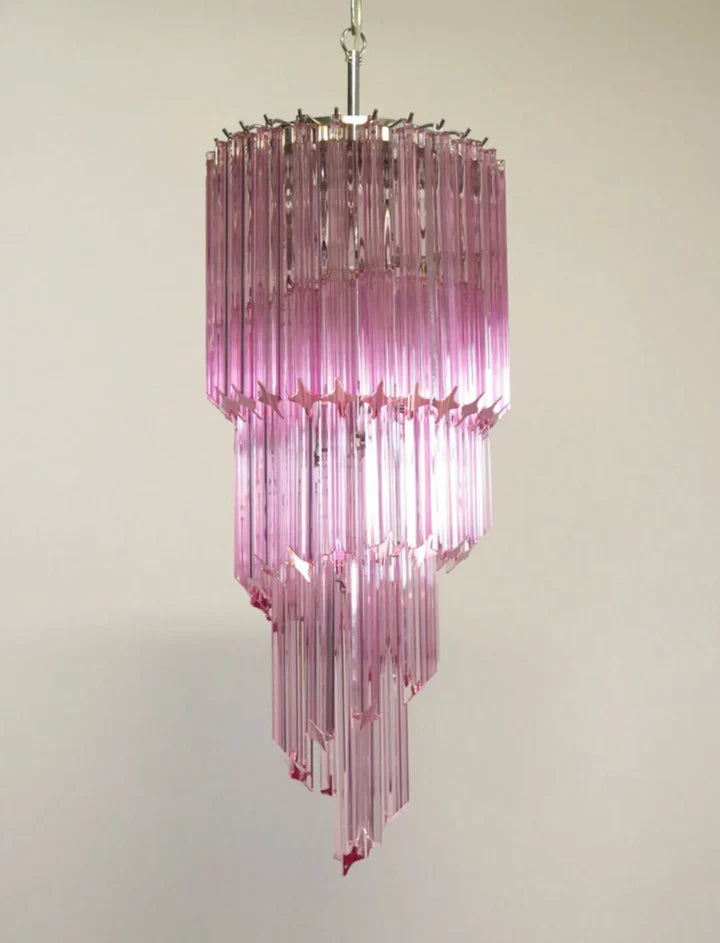 Mid-Century Modern Pink/Transparent Glass Cascading Spiral Chandelier