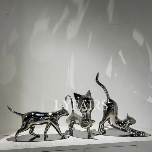 Handcrafted Stainless Steel Cat Art Sculpture with Playful Poses
