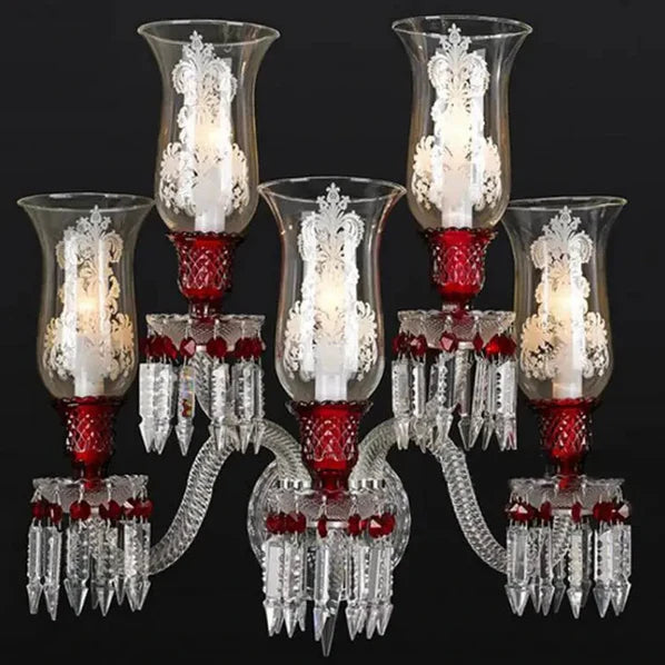 Applique di lusso in cristallo rosso con 5 candele