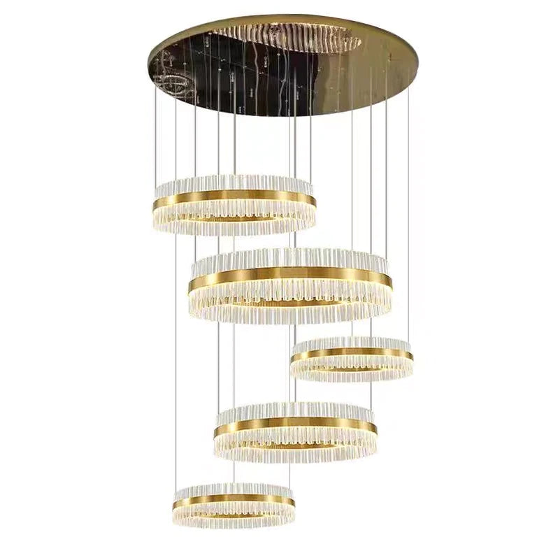 Lustre en cristal de luxe moderne à 5 anneaux, finition dorée, pour escalier