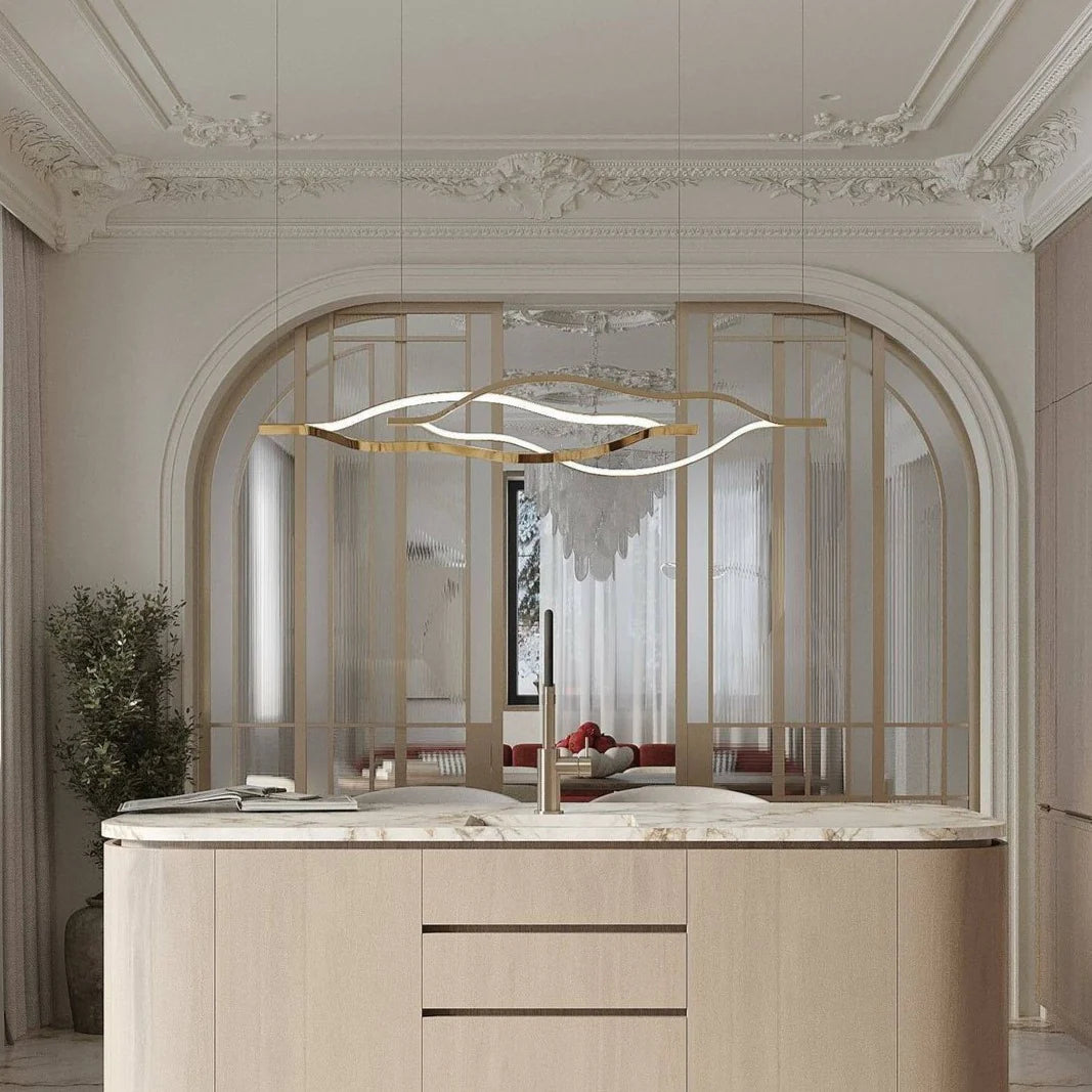 Modern Simple Brass Waving Chandelier for Living/Dining Room/Kitchen Island
