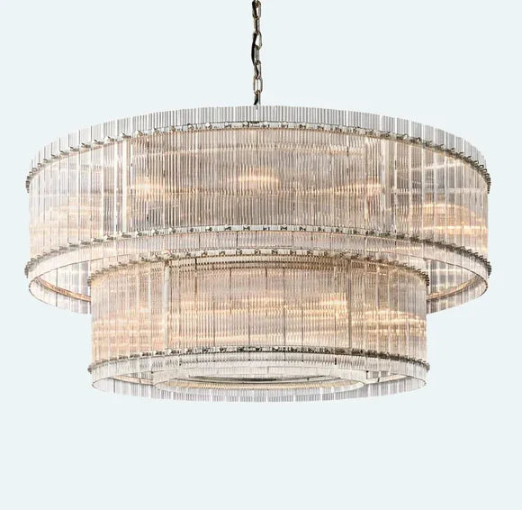 Modern 2-Tier Round Handmade Fluted Glass Panels Chandelier