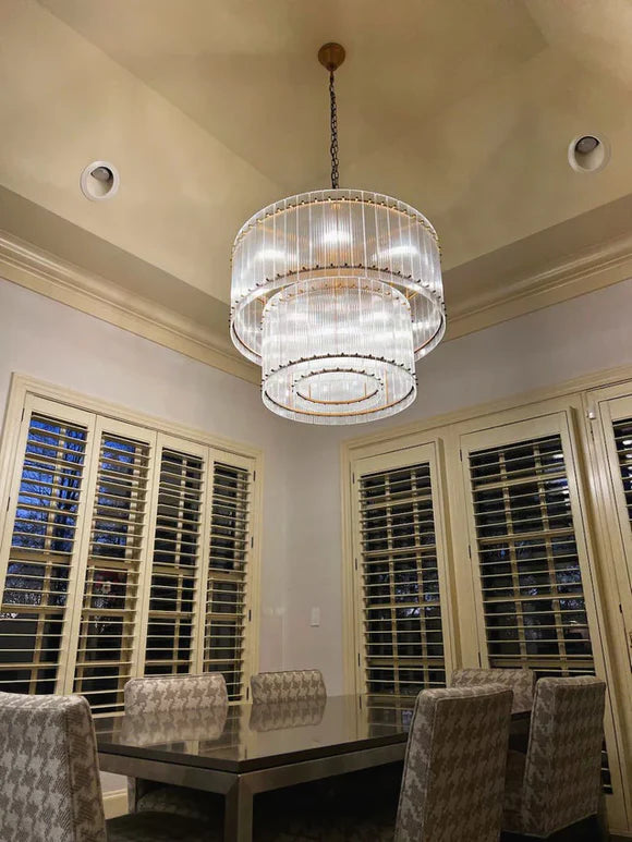 Modern 2-Tier Round Handmade Fluted Glass Panels Chandelier