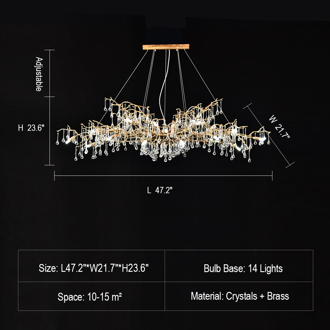 Lampadario a sospensione in ottone extra large di nuova concezione con gocce di cristallo, per soggiorno/sala da pranzo