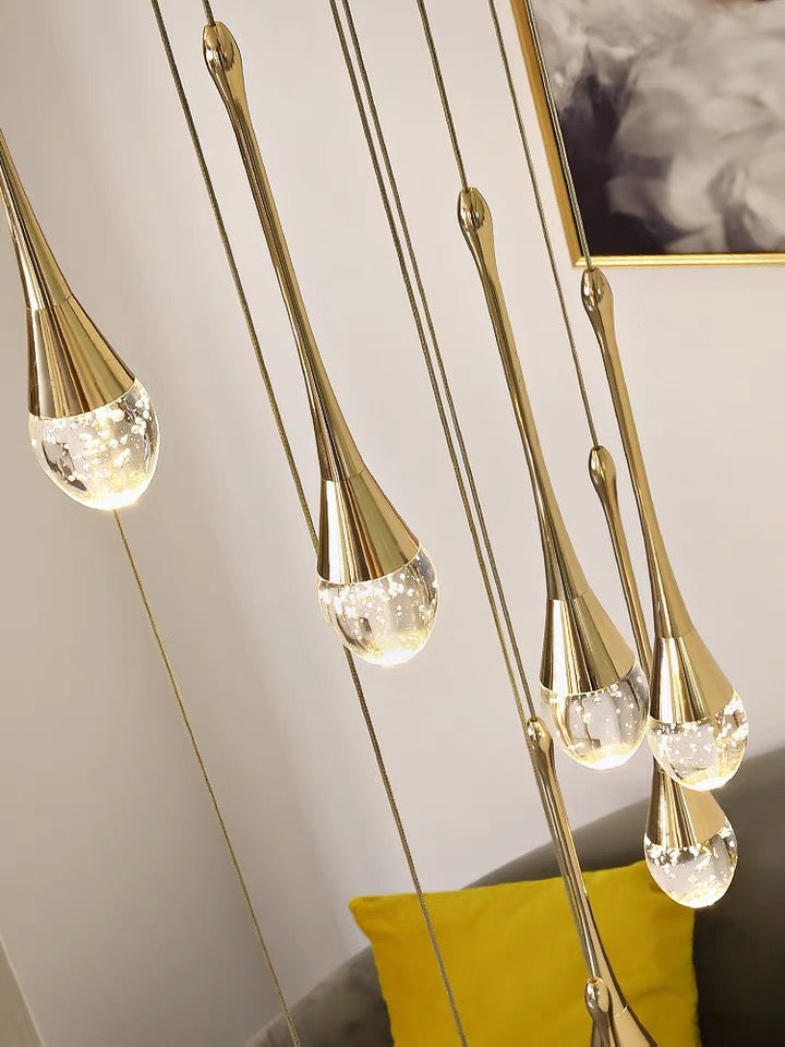 Extra Length Modern Crystal Waterdrops Chandelier Foyer Staircase Hotel High Ceiling Sloped Ceiling Lamp Entryway Raindrop Lighting