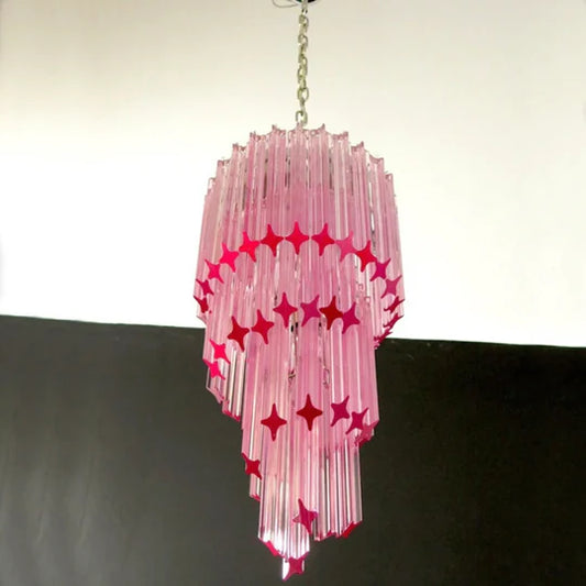 Mid-Century Modern Pink/Transparent Glass Cascading Spiral Chandelier