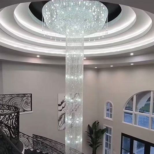 Extra Large Flush Mount Silver Waterfall Luxury Ceiling Crystal Chandelier for High-ceiling Living Room/Duplex Hall