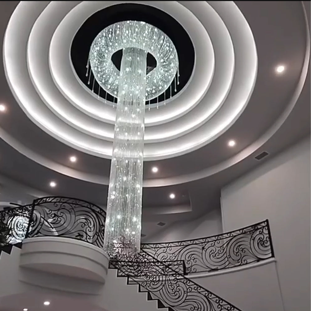 Extra Large Flush Mount Silver Waterfall Luxury Ceiling Crystal Chandelier for High-ceiling Living Room/Duplex Hall