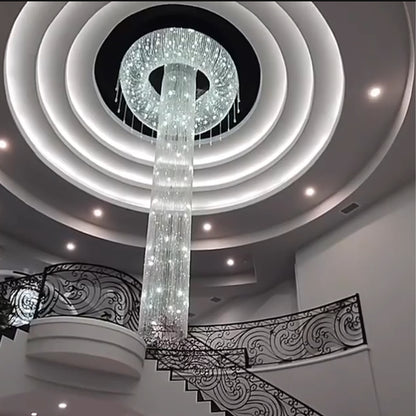 Extra Large Flush Mount Silver Waterfall Luxury Ceiling Crystal Chandelier for High-ceiling Living Room/Duplex Hall