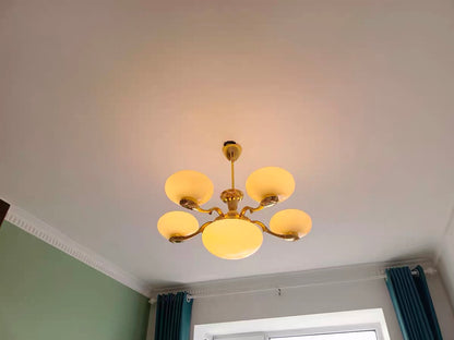 Chic Mid-century  Art Deco Style Brass Chandelier With White Opal