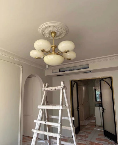 Chic Mid-century  Art Deco Style Brass Chandelier With White Opal