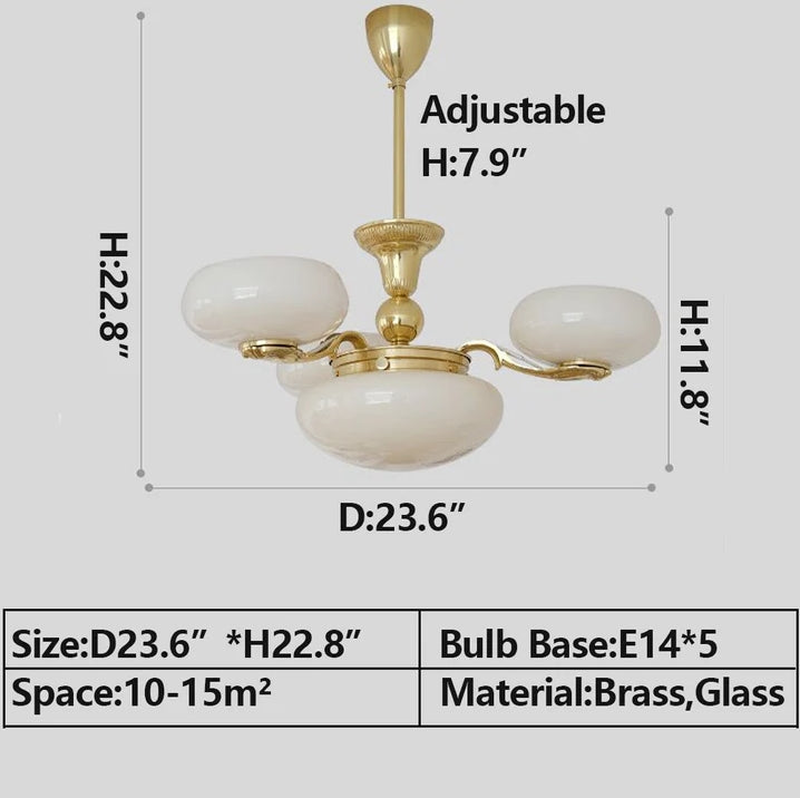 Chic Mid-century  Art Deco Style Brass Chandelier With White Opal