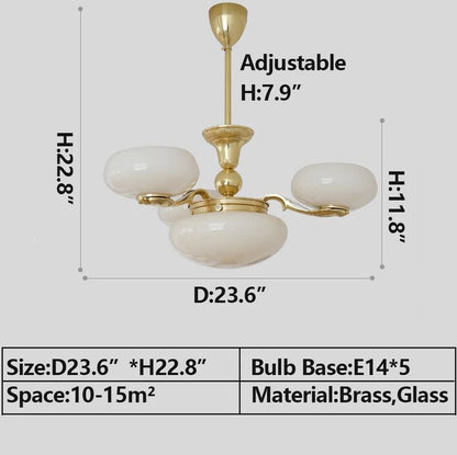 Chic Mid-century  Art Deco Style Brass Chandelier With White Opal