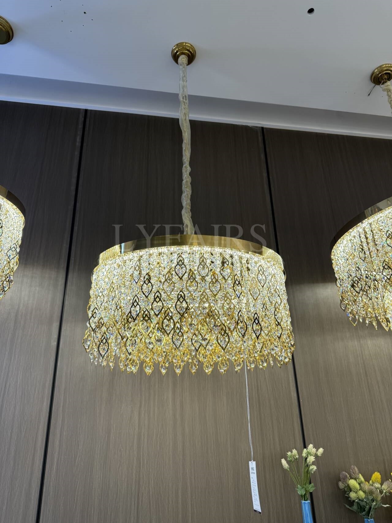 Elegant Crystal Tassel Gold Leaf Round Chandelier for Low Ceilings