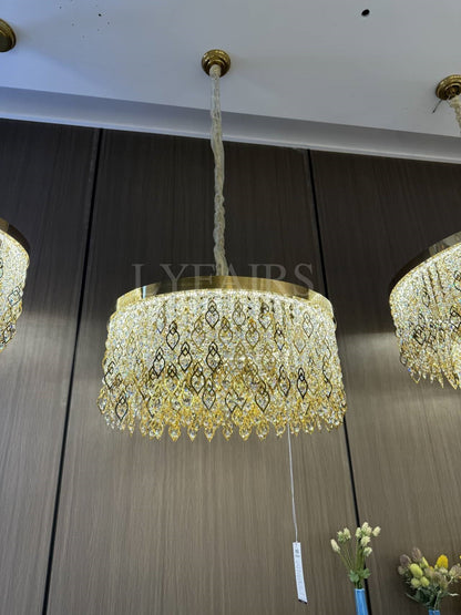 Elegant Crystal Tassel Gold Leaf Round Chandelier for Low Ceilings