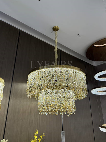 Elegant Crystal Tassel Gold Leaf Round Chandelier for Low Ceilings