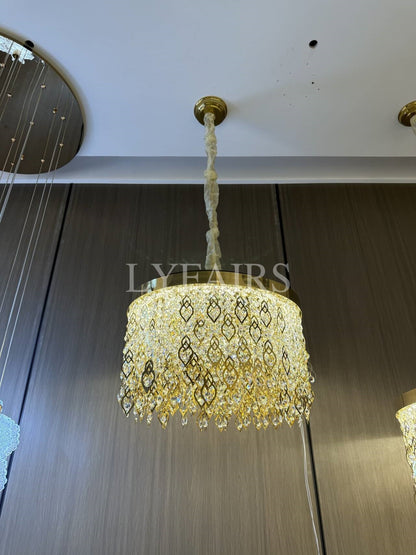 Elegant Crystal Tassel Gold Leaf Round Chandelier for Low Ceilings
