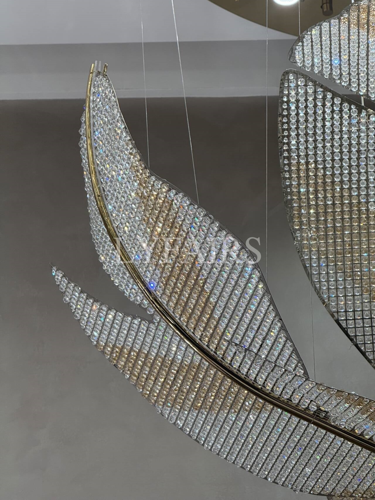 Modern Floating Crystal Leaves Chandelier for High Ceilings